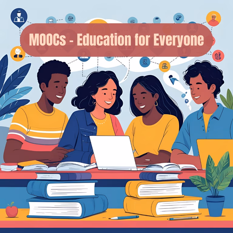 Graphic for MOOCs - Education for Everyone. Two men and two women sit around a table surrounded by books and a laptop. 