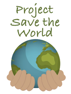 The Earth is held by two hands and above it in green is 'Project Save The World.'