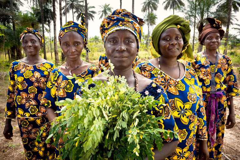 Guinea - Rural Women's Cooperative Generates Income and Improves Community Life. Five women stand wearing traditional dress holding the product of their hard work on the farm.