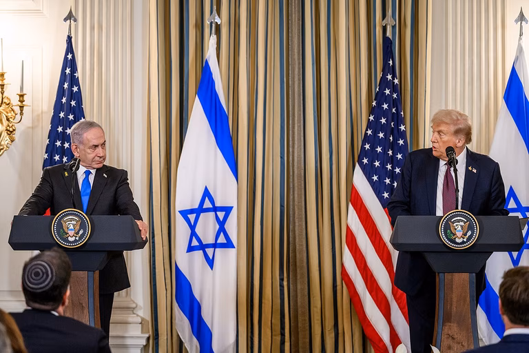 President Donald Trump and Israeli Prime Minister Benjamin Netanyahu hold a joint press conference announcing the U.S. peace plan for Gaza, Monday, September 29, 2025, in the State Dining Room of the White House.
