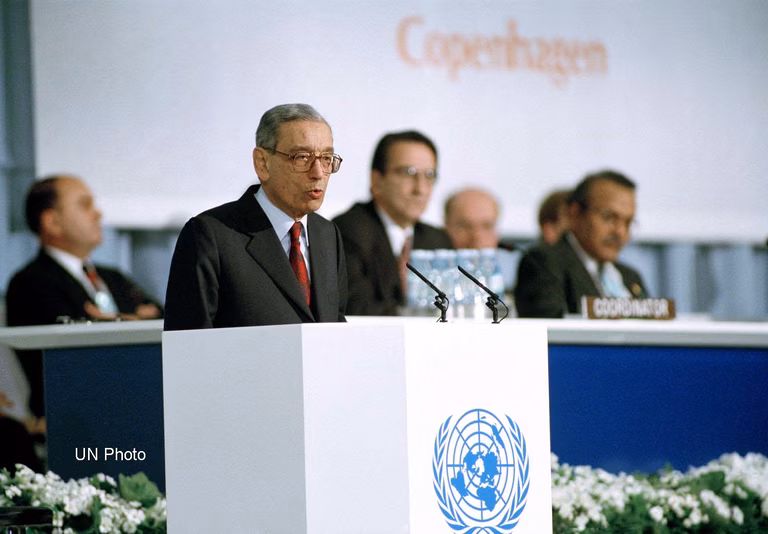 The World Summit for Social Development, 1995. United Nations Secretary-General Boutros Boutros-Ghali addresses the Summit meeting.