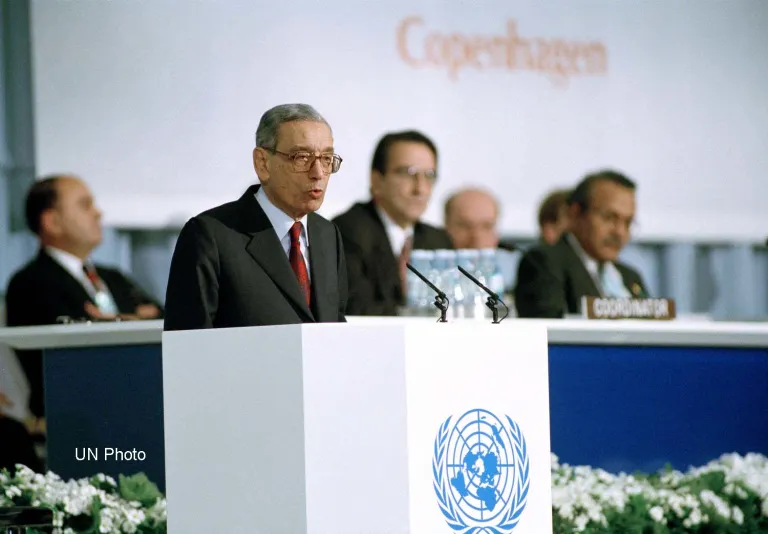 The World Summit for Social Development, 1995. United Nations Secretary-General Boutros Boutros-Ghali addresses the Summit meeting.