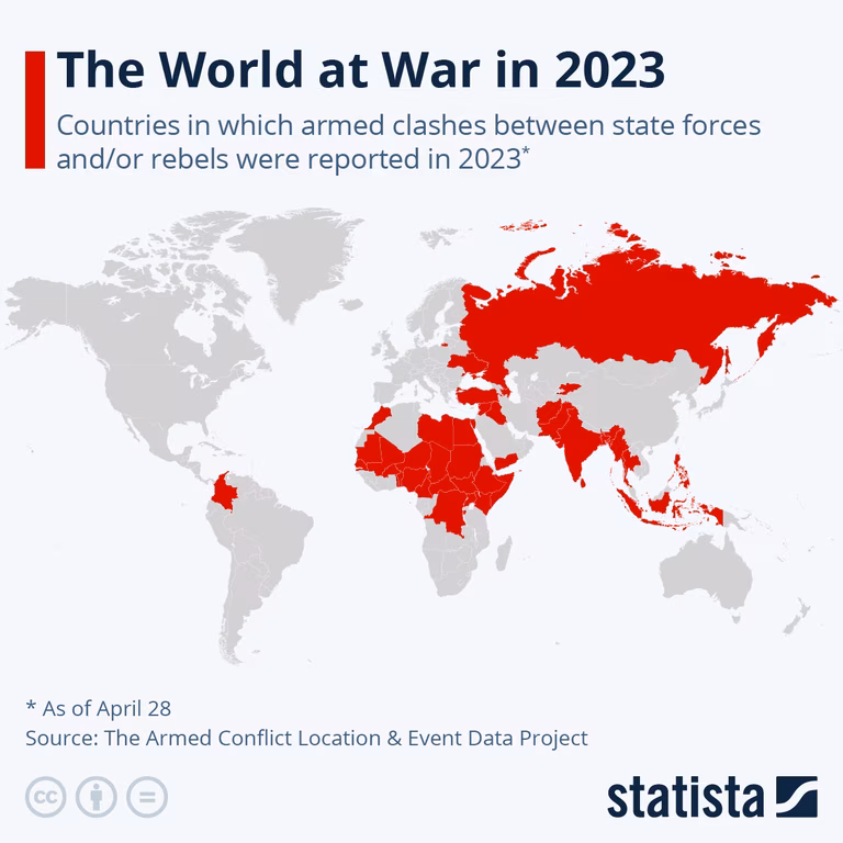 Map showing countries in which armed clashed between state forces and/or rebels were reported in 2023 