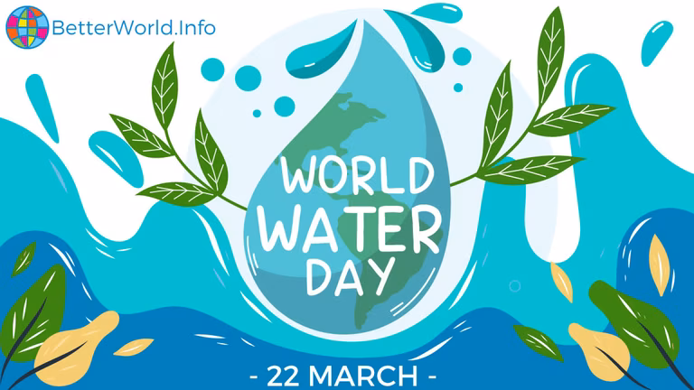 Graphic for World Water Day. There is a large water drop in the centre with an image of the Earth in it and the words World Water Day. There are green leaves and bluer water drops all around it.