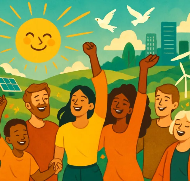 A diverse group of six people celebrates outdoors with raised fists, surrounded by green hills, solar panels, wind turbines, and a smiling sun.